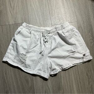 Distressed White Cotton Shorts